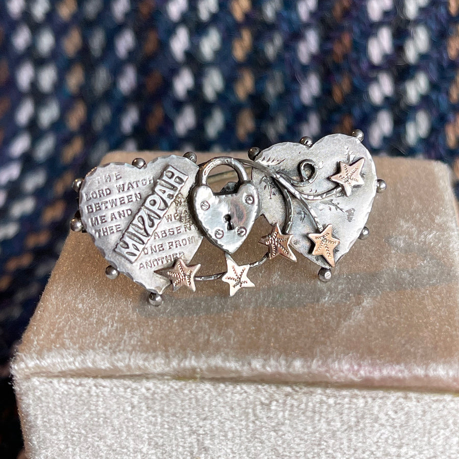 Edwardian Silver Mizpah Brooch, Double Heart, Chester 1911