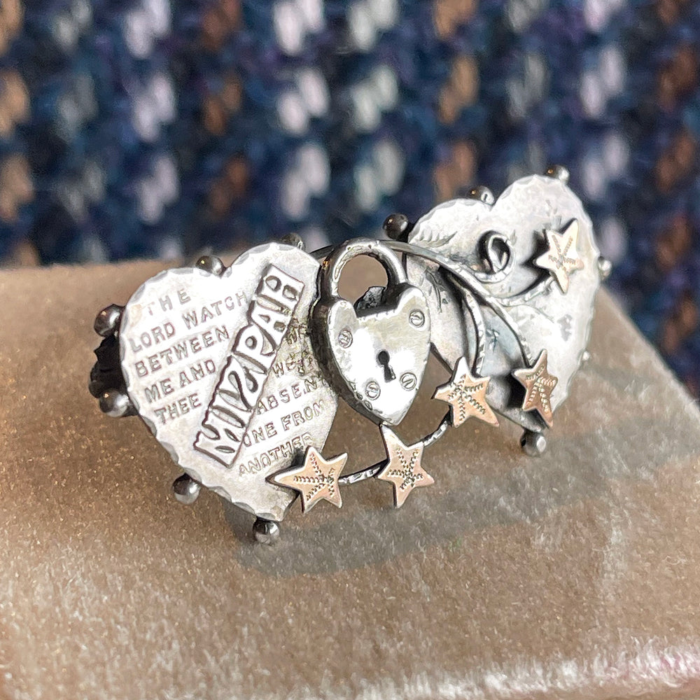 Edwardian Silver Mizpah Brooch, Double Heart, Chester 1911