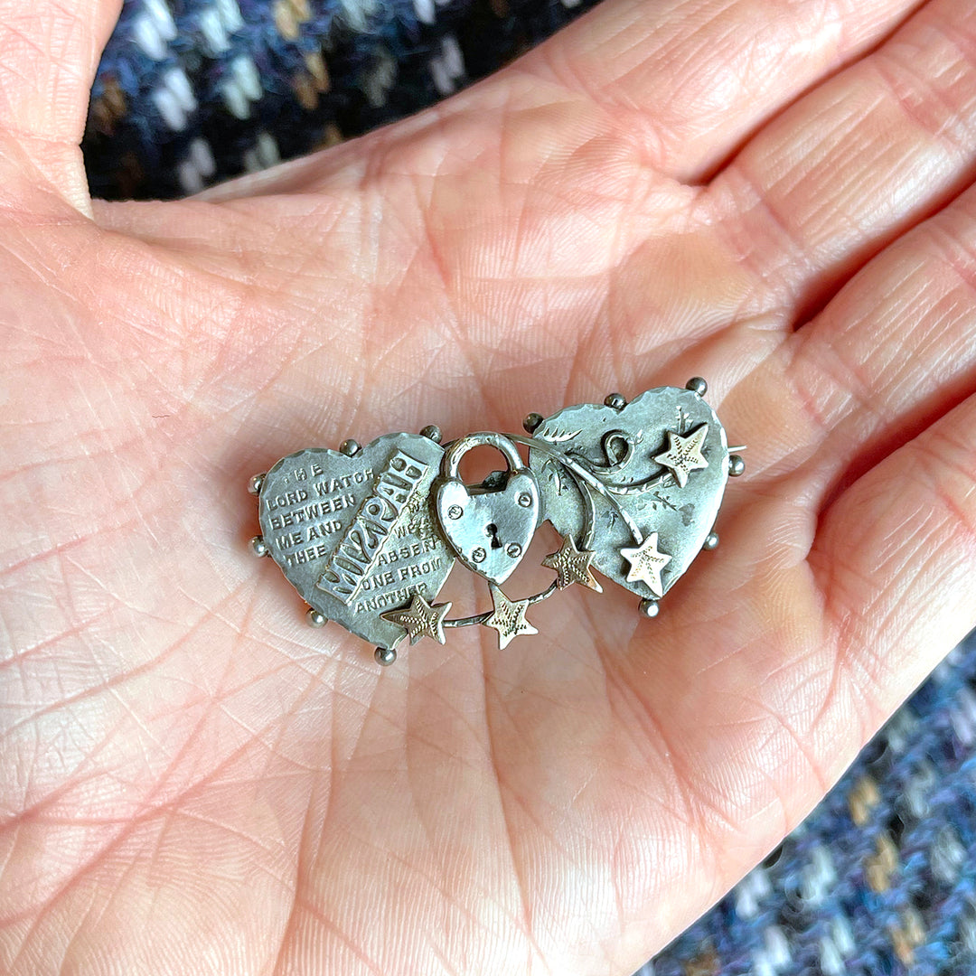 Edwardian Silver Mizpah Brooch, Double Heart, Chester 1911