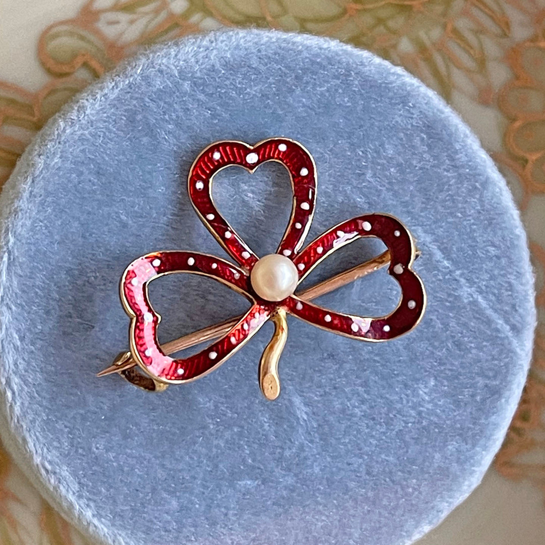 Antique Enamel Clover Brooch Pin 18k Gold with Red Enamel and Pearl, c. 1890