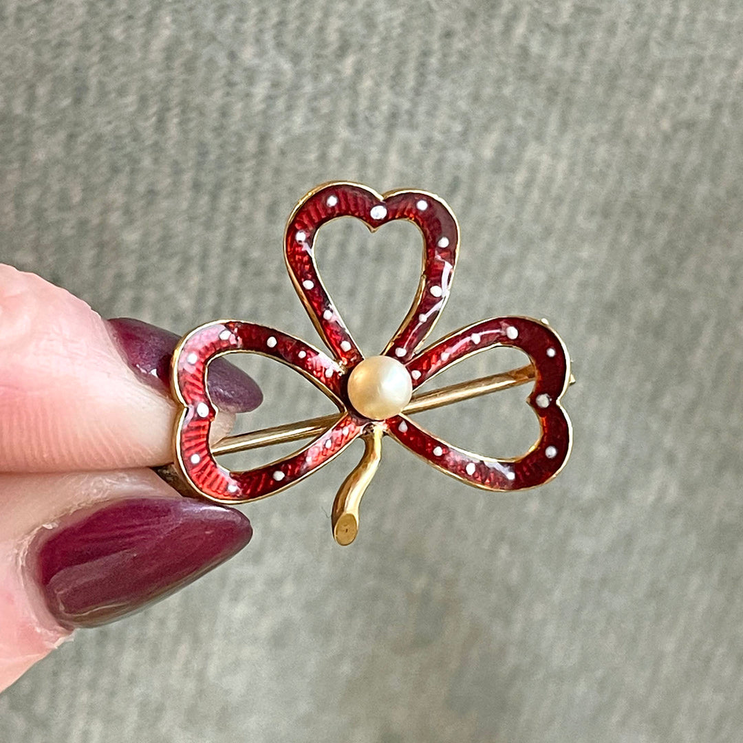 Antique Enamel Clover Brooch Pin 18k Gold with Red Enamel and Pearl, c. 1890
