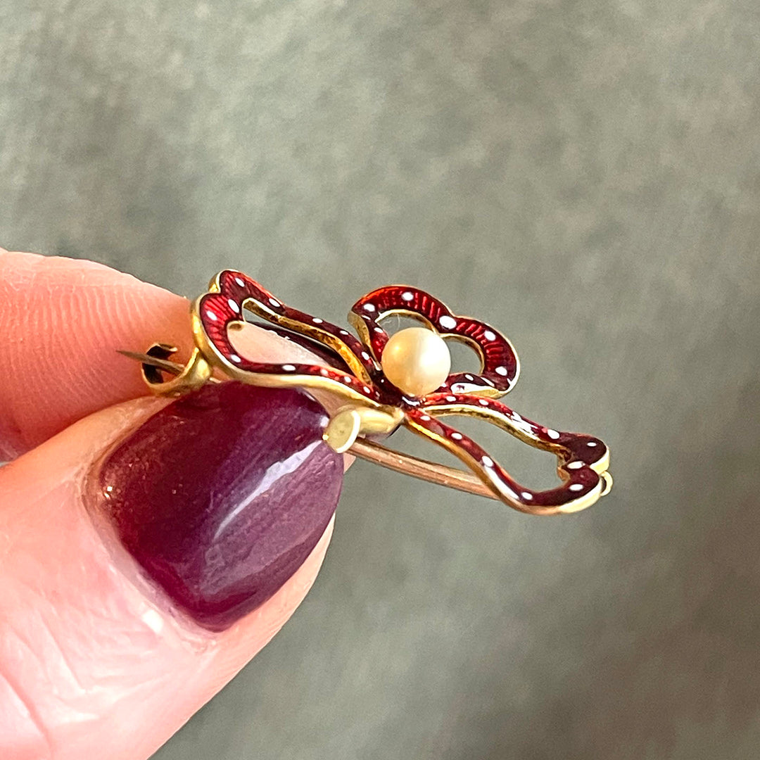 Antique Enamel Clover Brooch Pin 18k Gold with Red Enamel and Pearl, c. 1890