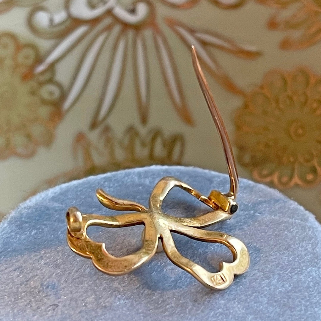 Antique Enamel Clover Brooch Pin 18k Gold with Red Enamel and Pearl, c. 1890