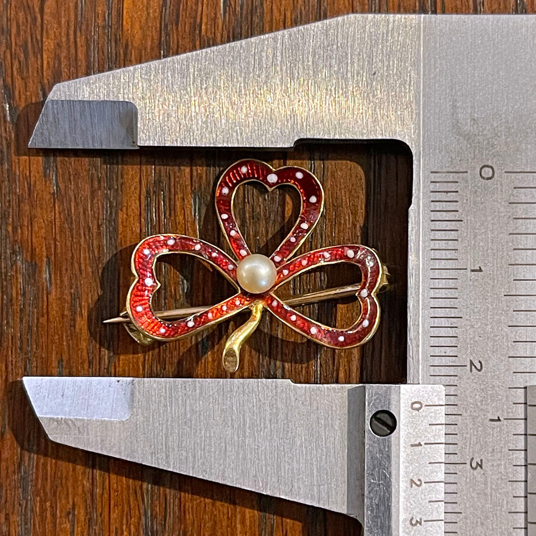 Antique Enamel Clover Brooch Pin 18k Gold with Red Enamel and Pearl, c. 1890