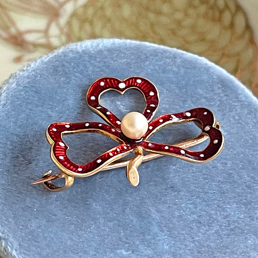 Antique Enamel Clover Brooch Pin 18k Gold with Red Enamel and Pearl, c. 1890