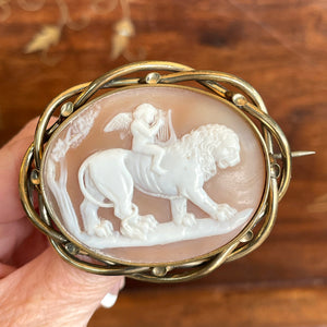 Antique "Love Conquers All" Brooch Cupid Lion Cameo Pinch