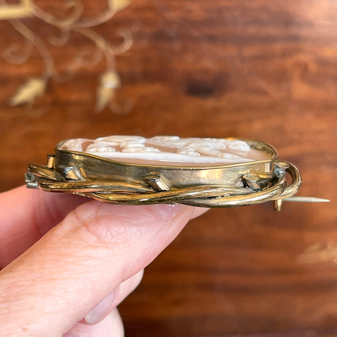 Antique "Love Conquers All" Brooch Cupid Lion Cameo Pinch