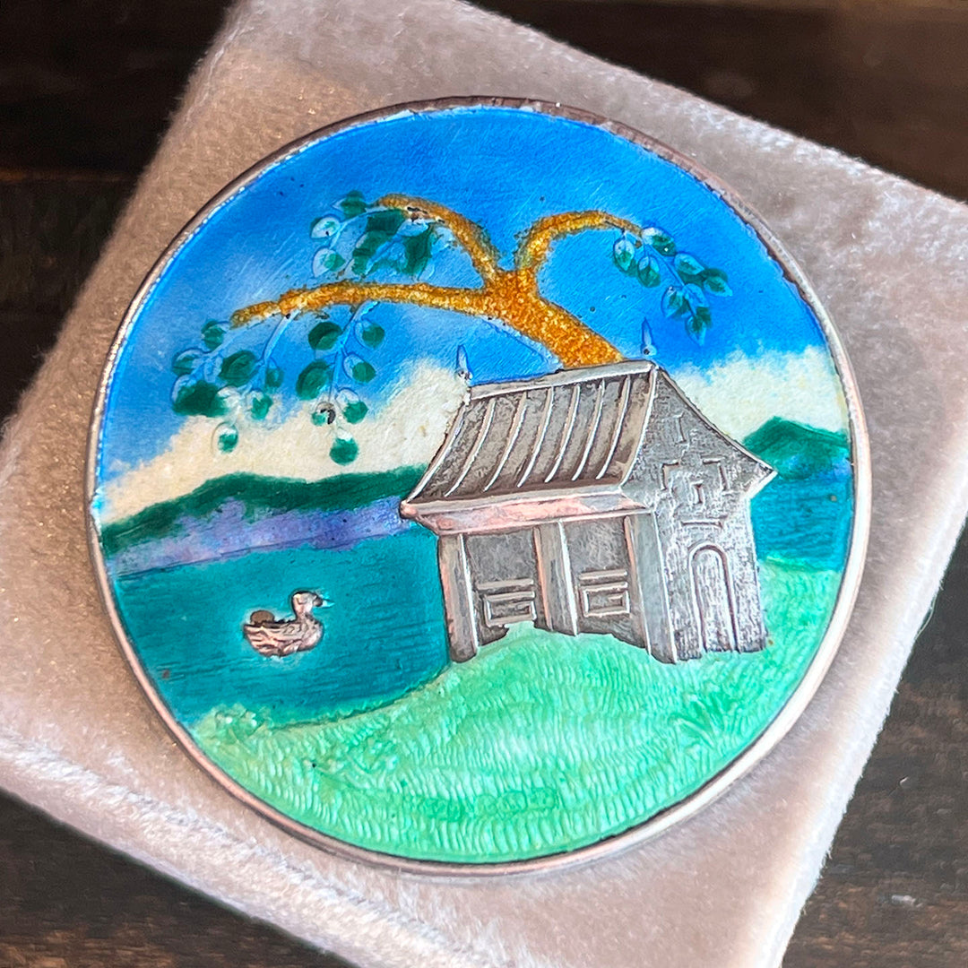 Antique Enamel Landscape Brooch Pin