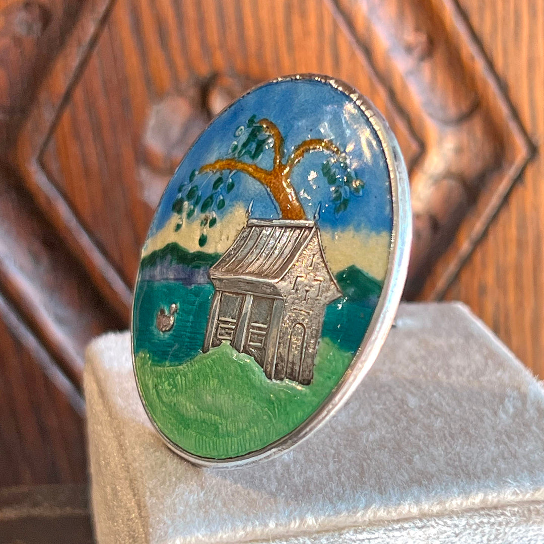 Antique Enamel Landscape Brooch Pin