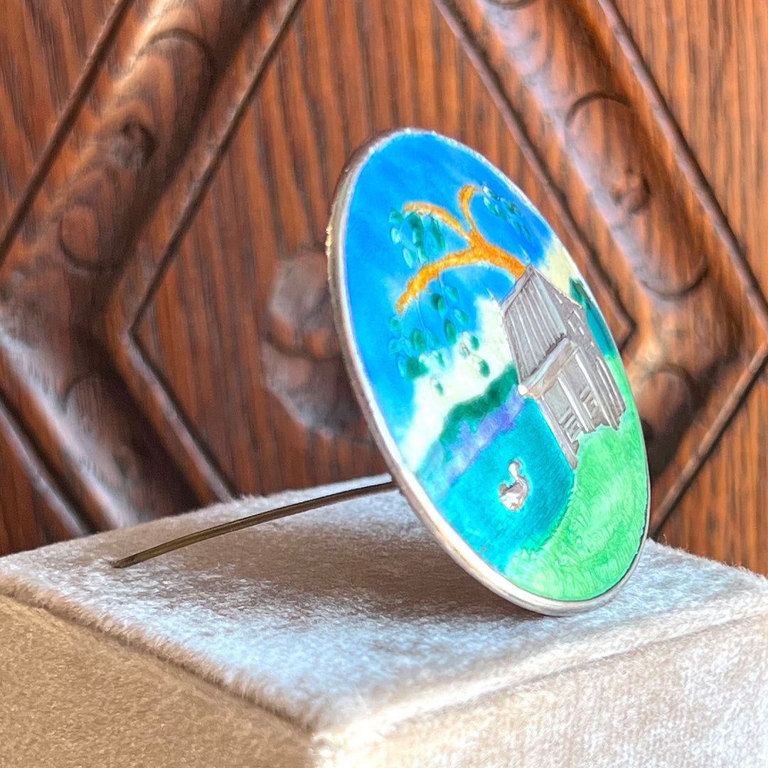 Antique Enamel Landscape Brooch Pin