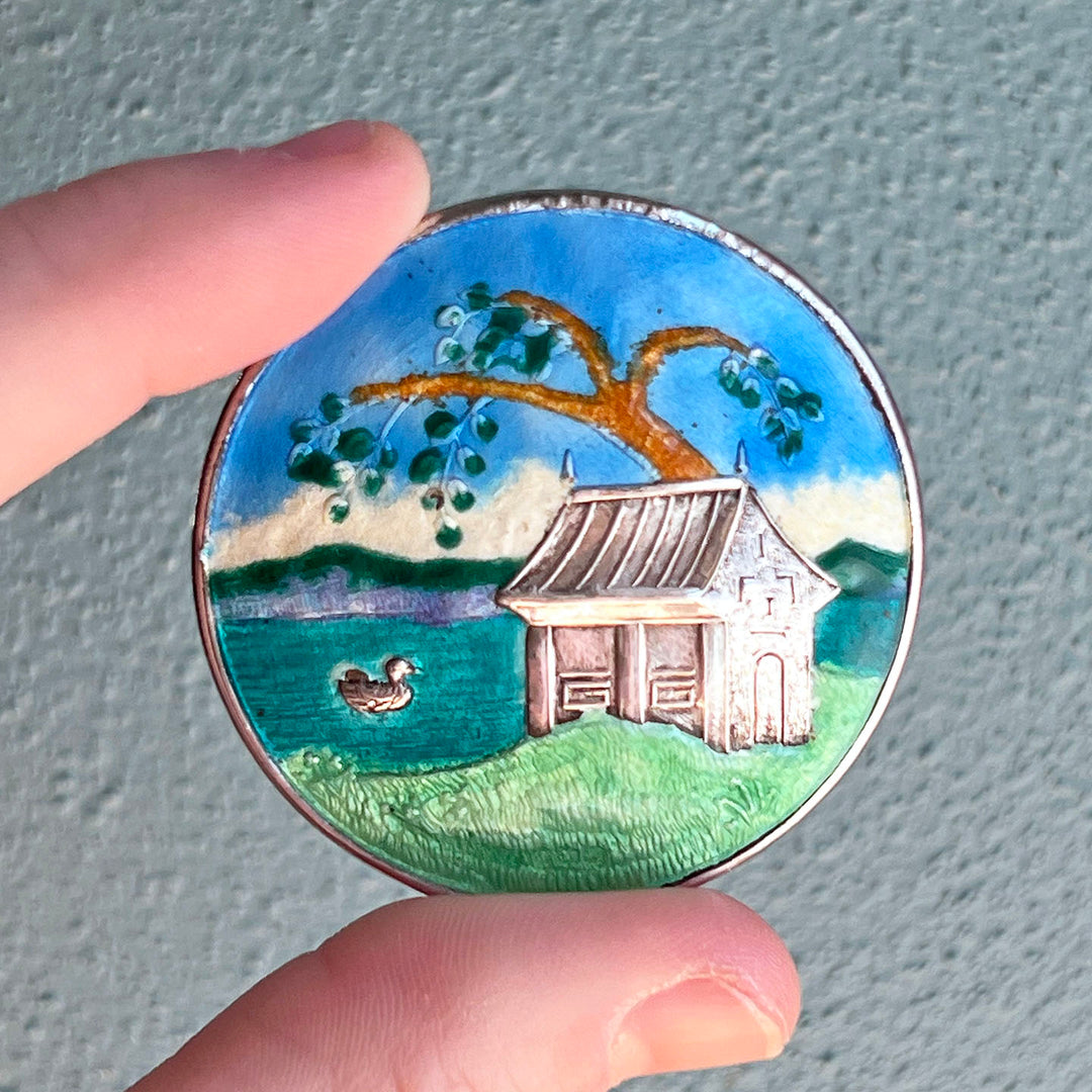 Antique Enamel Landscape Brooch Pin