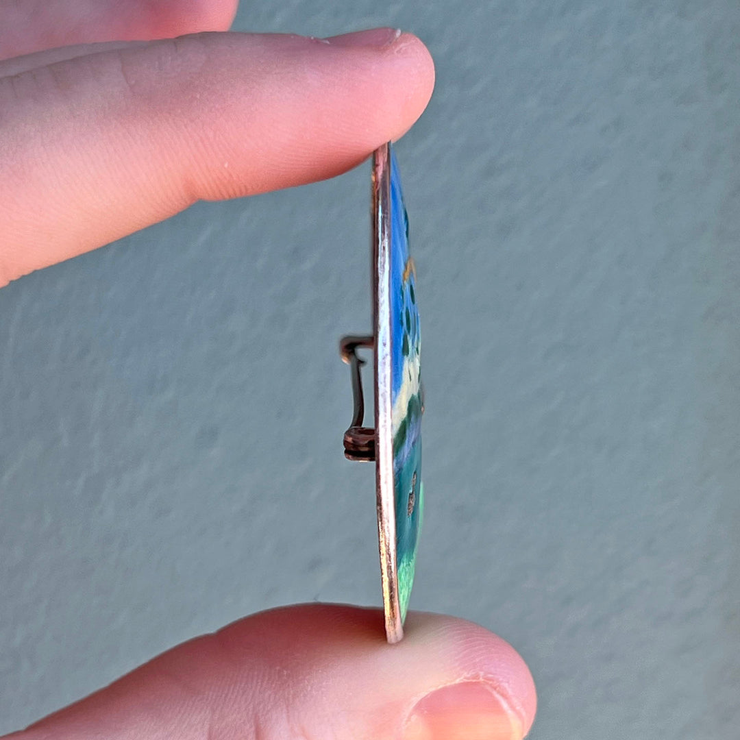 Antique Enamel Landscape Brooch Pin