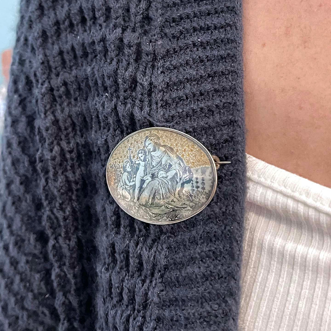 Antique French Silver Niello Brooch Pin Scenic