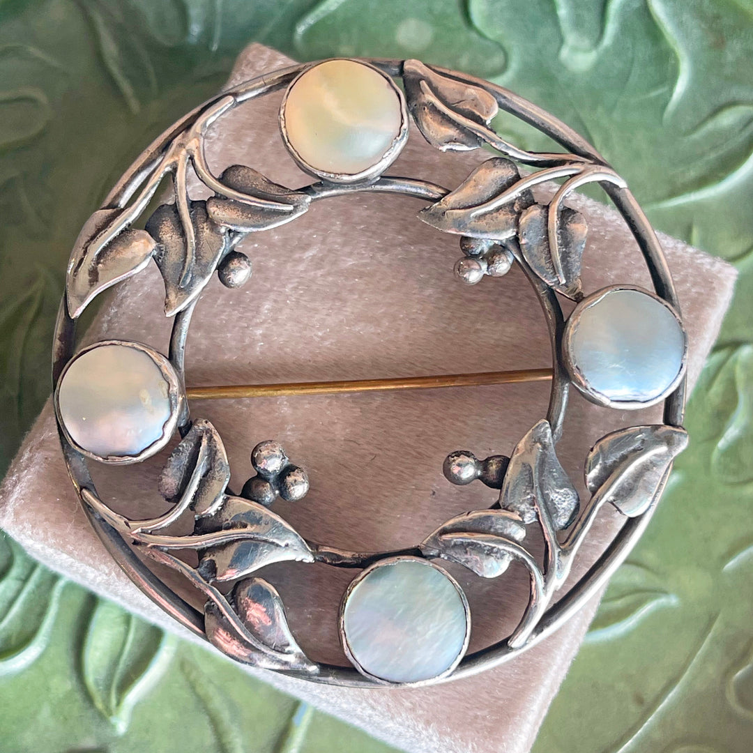 Large Silver Arts and Crafts Mother of Pearl Brooch