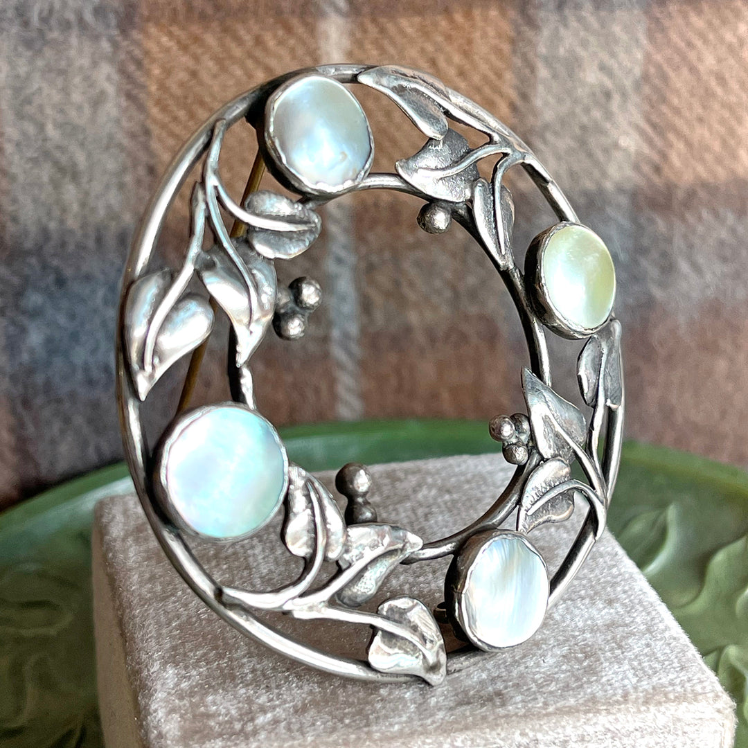 Large Silver Arts and Crafts Mother of Pearl Brooch