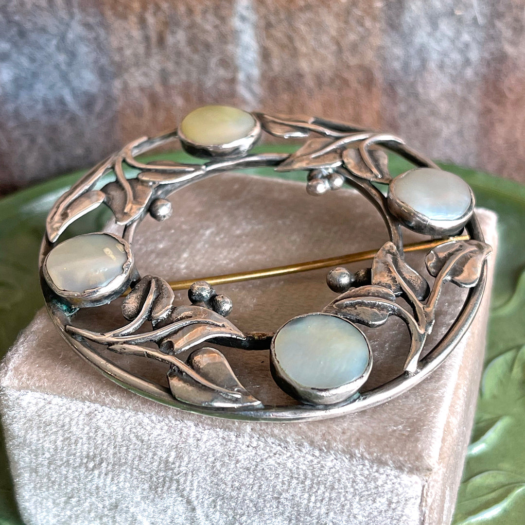 Large Silver Arts and Crafts Mother of Pearl Brooch