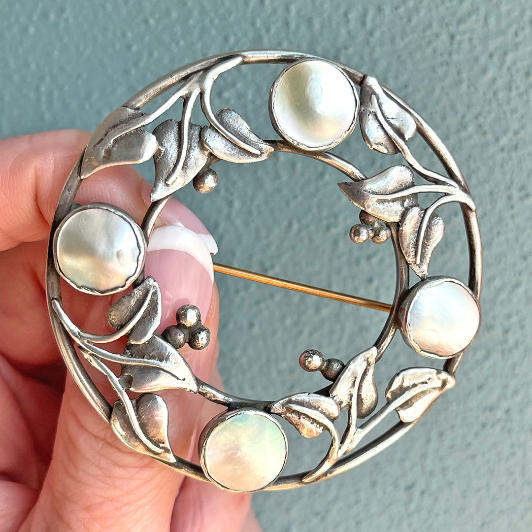 Large Silver Arts and Crafts Mother of Pearl Brooch