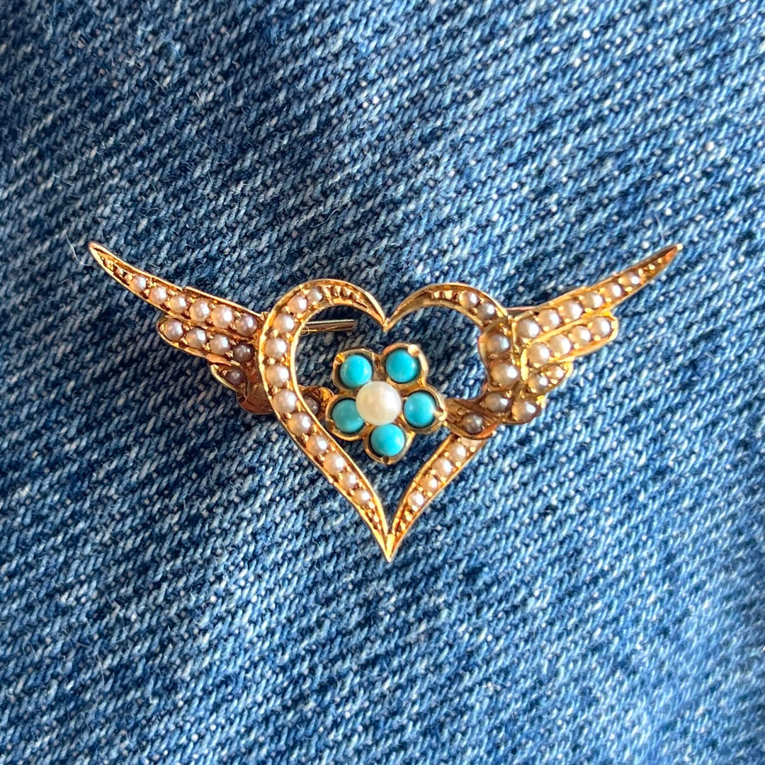 Antique Turquoise Pearl Brooch 15k Gold Winged Heart Forget Me Not