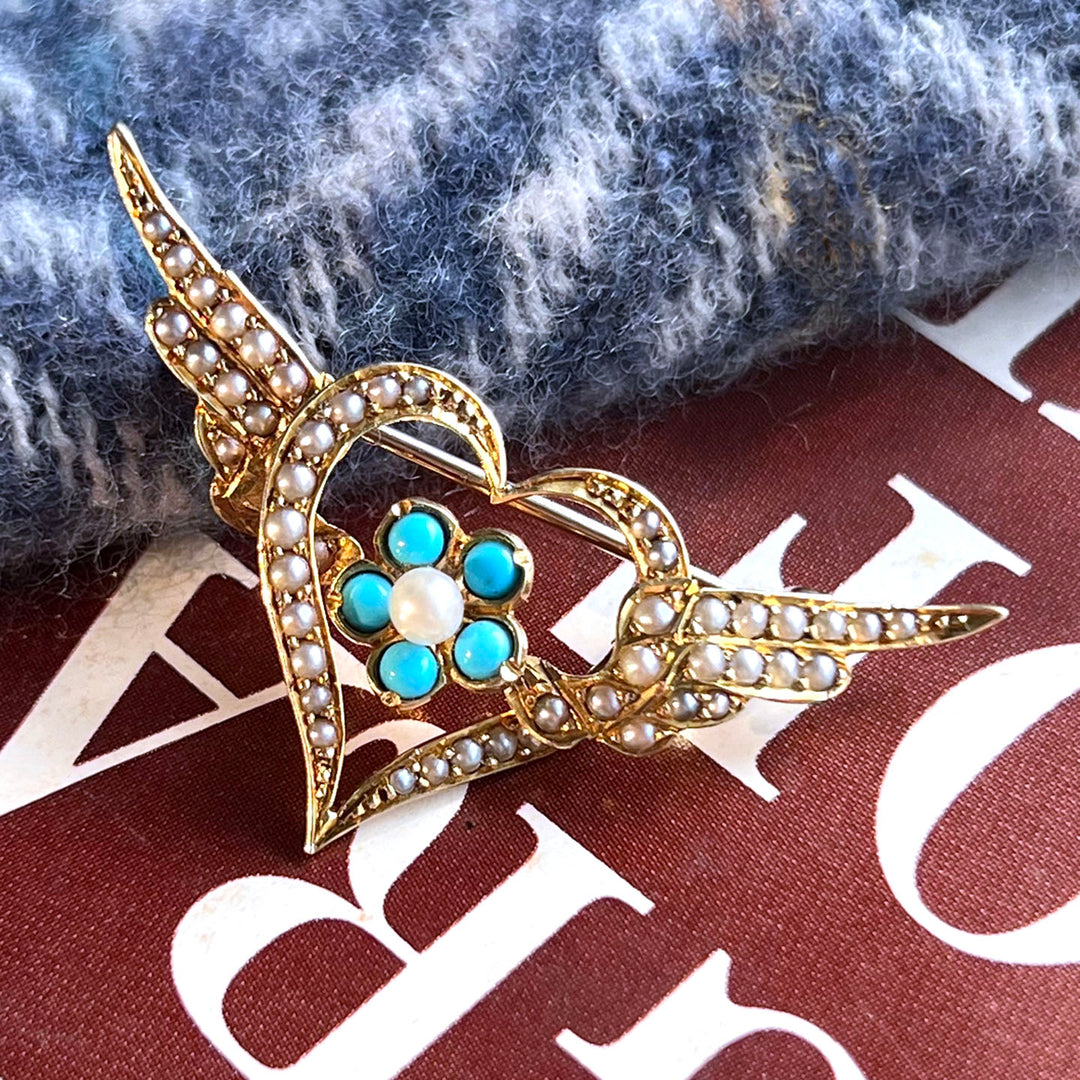 Antique Turquoise Pearl Brooch 15k Gold Winged Heart Forget Me Not