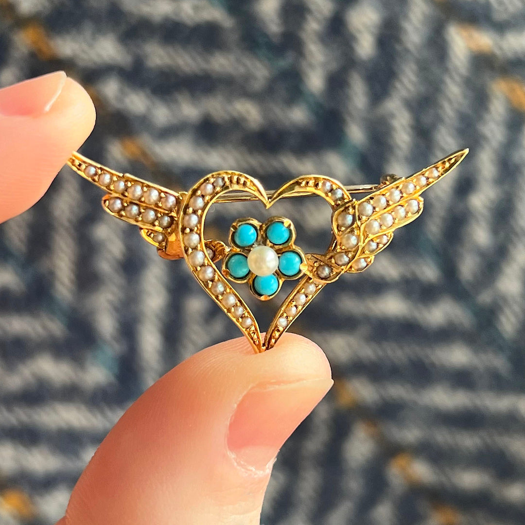Antique Turquoise Pearl Brooch 15k Gold Winged Heart Forget Me Not