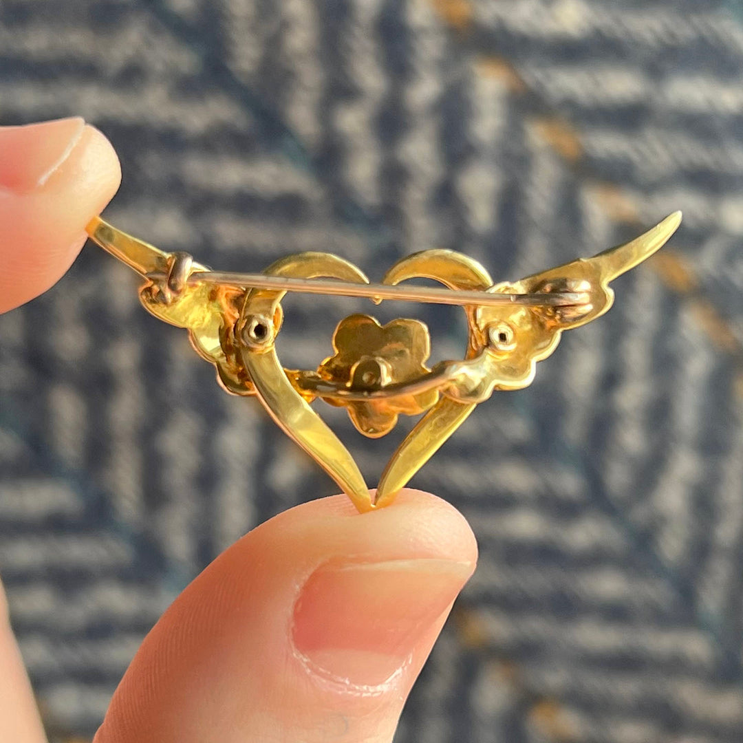 Antique Turquoise Pearl Brooch 15k Gold Winged Heart Forget Me Not