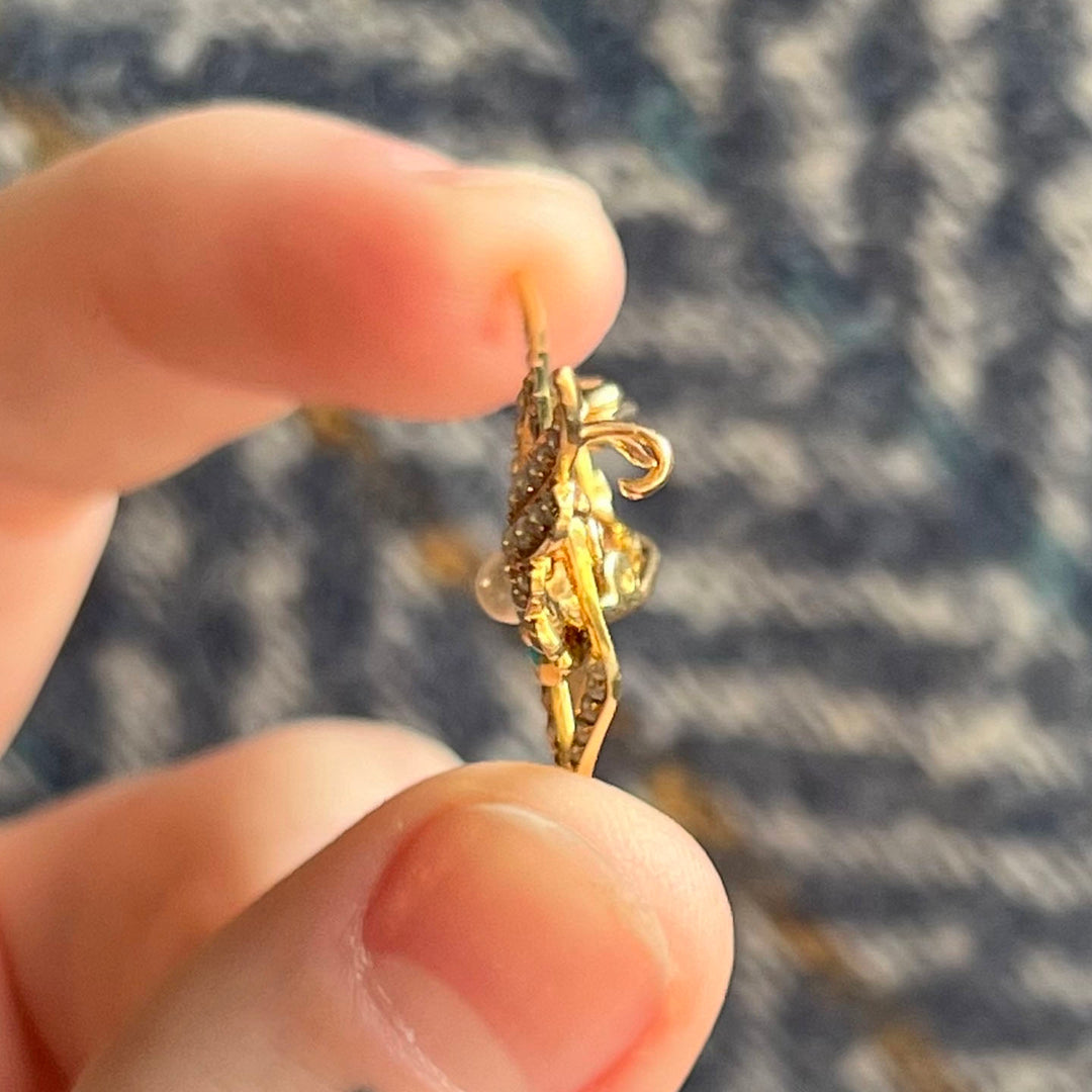 Antique Turquoise Pearl Brooch 15k Gold Winged Heart Forget Me Not