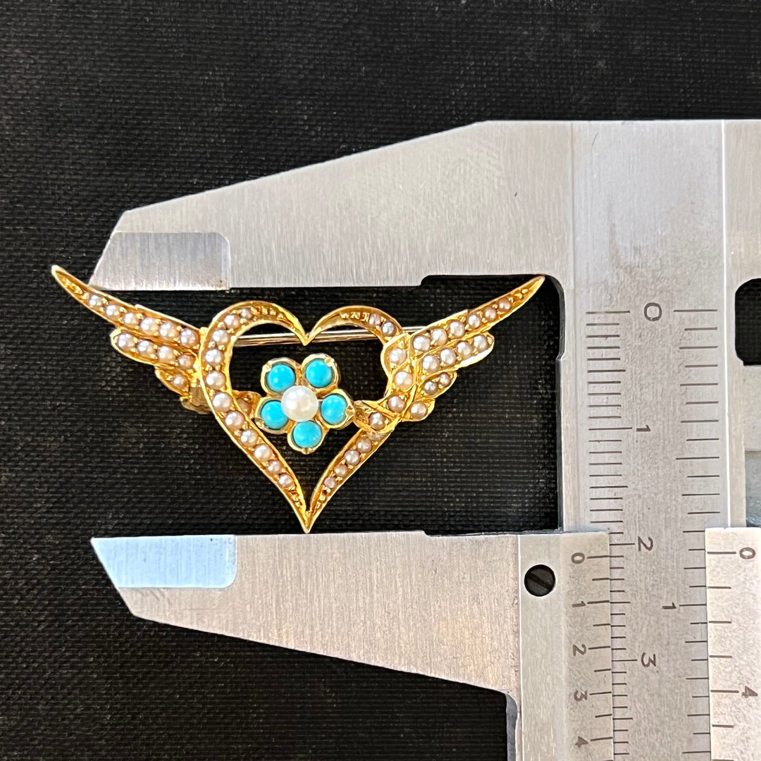 Antique Turquoise Pearl Brooch 15k Gold Winged Heart Forget Me Not