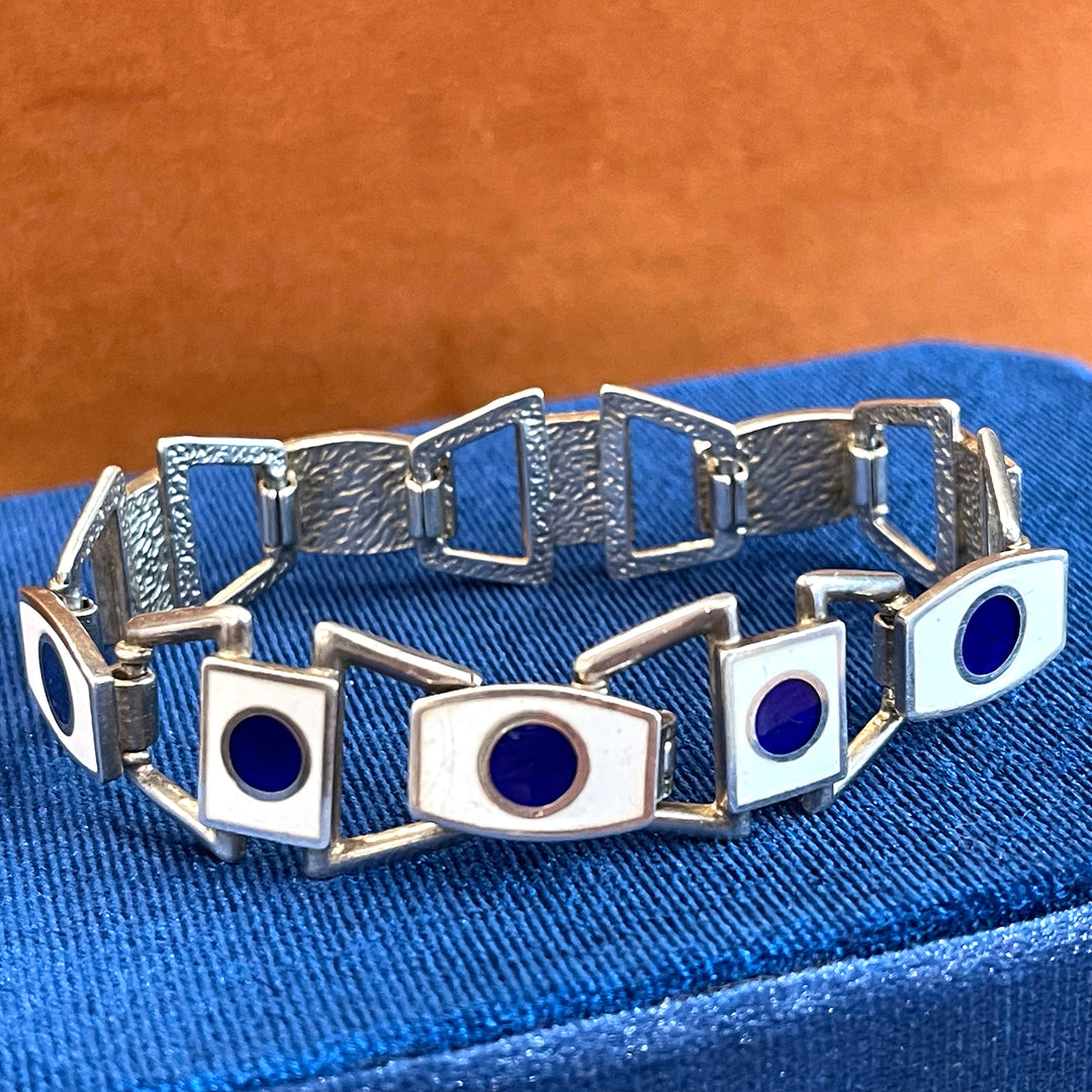 Midcentury Silver Enamel Bracelet Blue White Bold by Una A Erre