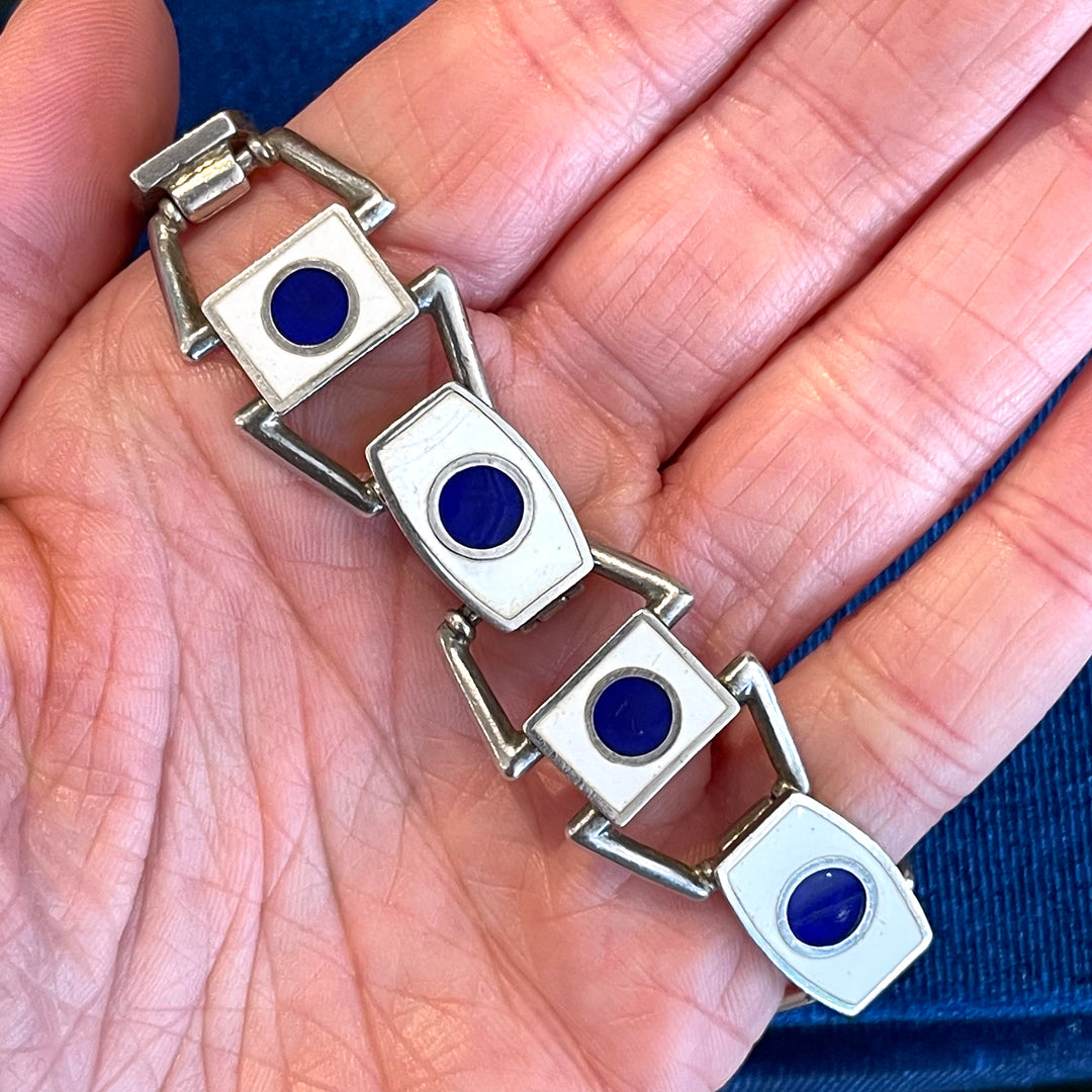 Midcentury Silver Enamel Bracelet Blue White Bold by Una A Erre