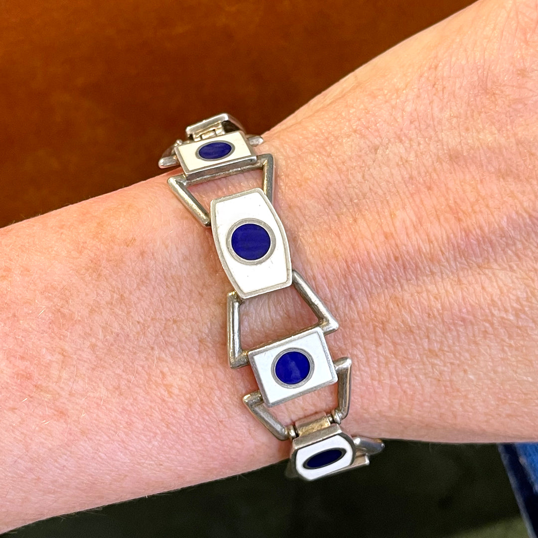 Midcentury Silver Enamel Bracelet Blue White Bold by Una A Erre