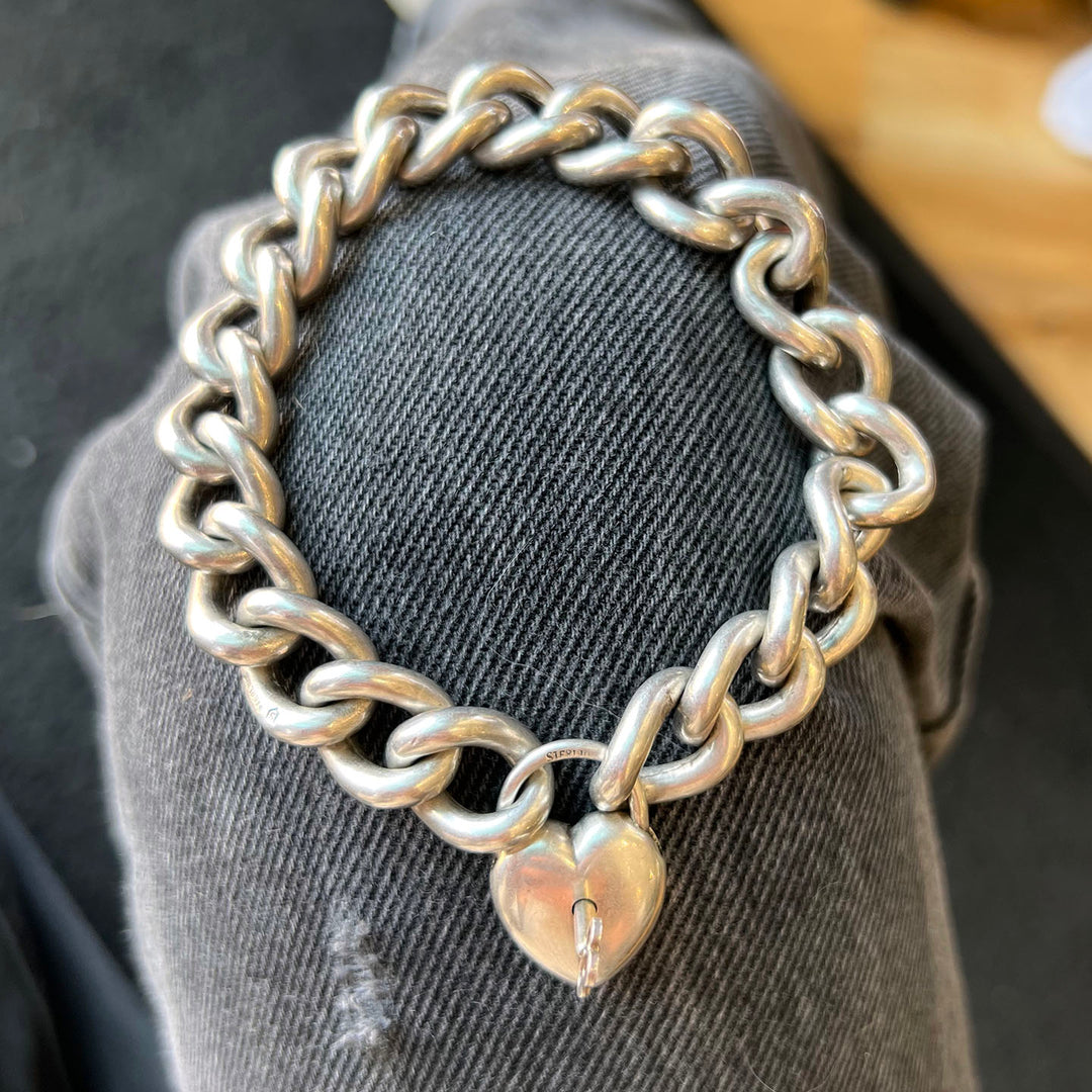 Antique Sterling Silver Curb Link Bracelet Heart Lock w/Key