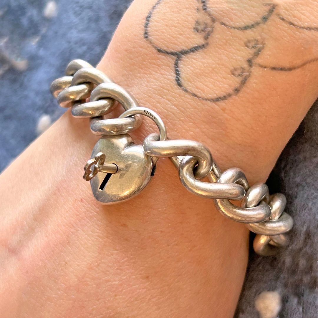 Antique Sterling Silver Curb Link Bracelet Heart Lock w/Key