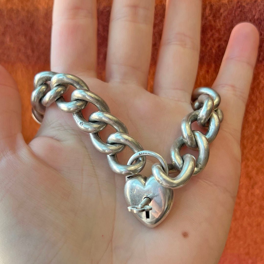 Antique Sterling Silver Curb Link Bracelet Heart Lock w/Key