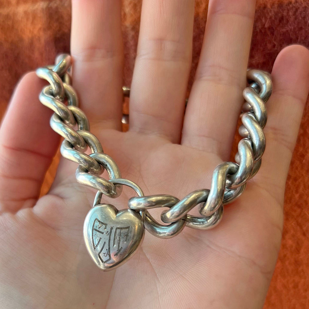 Antique Sterling Silver Curb Link Bracelet Heart Lock w/Key