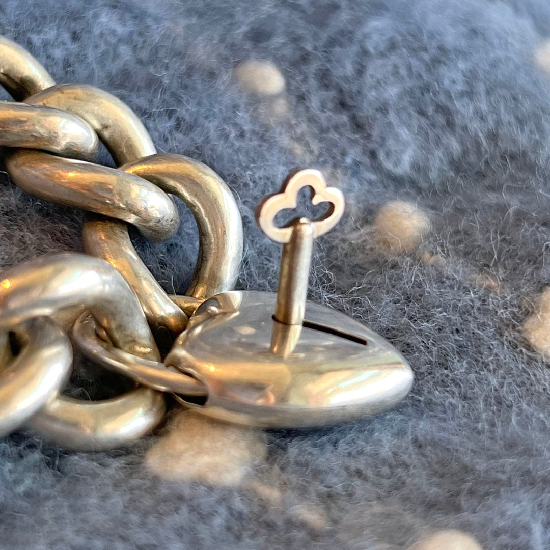 Antique Sterling Silver Curb Link Bracelet Heart Lock w/Key
