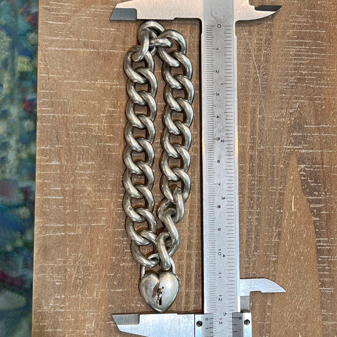 Antique Sterling Silver Curb Link Bracelet Heart Lock w/Key