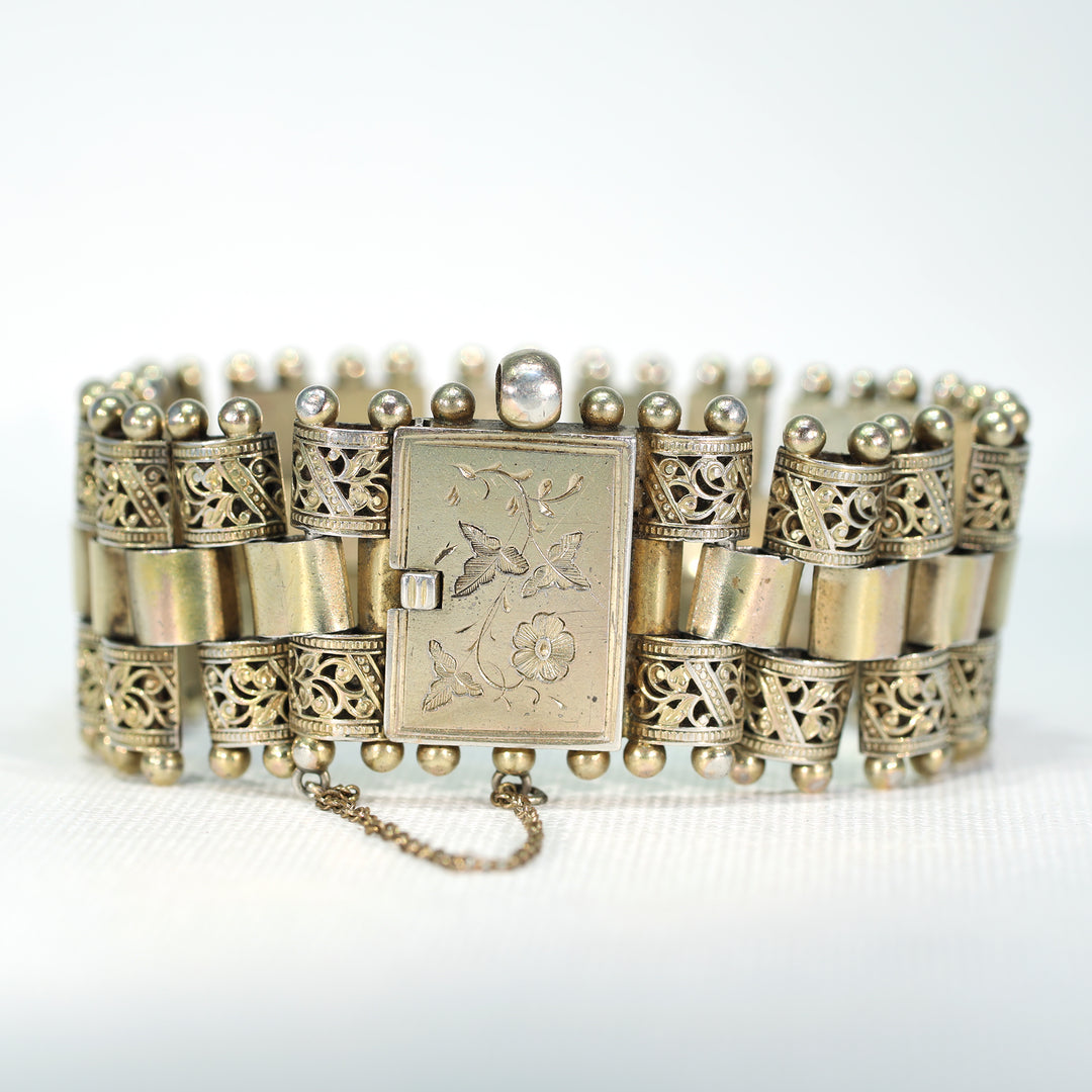 Victorian Engraved Silver Gilt Link Bracelet Floral Motif
