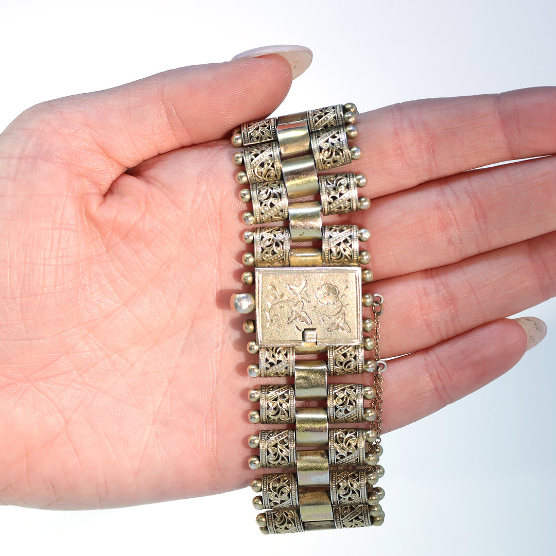 Victorian Engraved Silver Gilt Link Bracelet Floral Motif