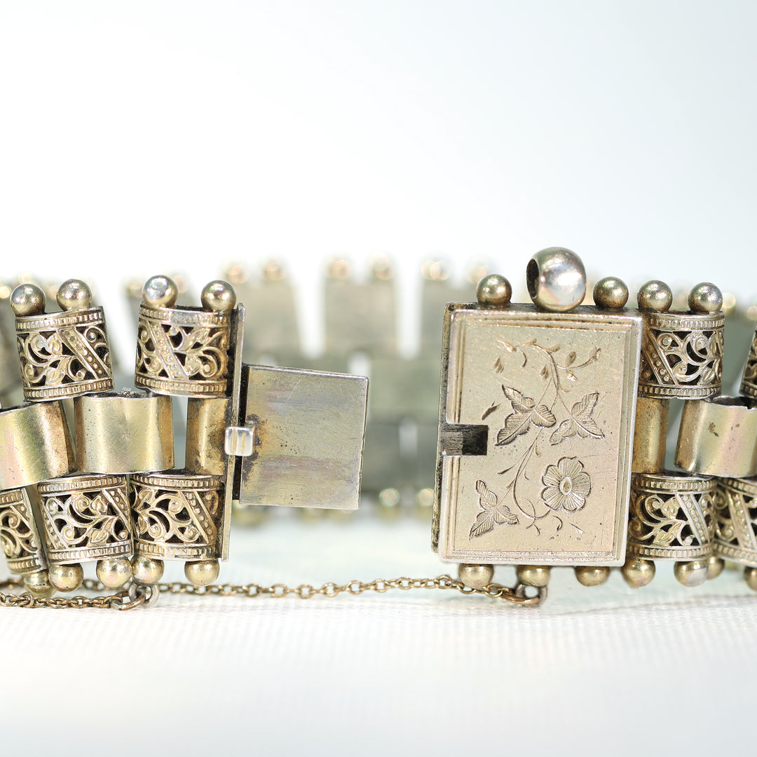 Victorian Engraved Silver Gilt Link Bracelet Floral Motif