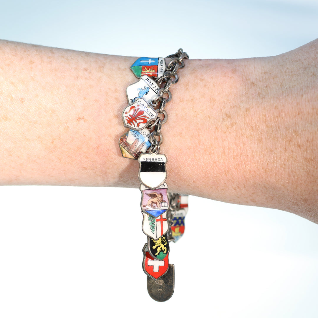 Vintage Silver European Cities Charm Bracelet Enamel Plaques