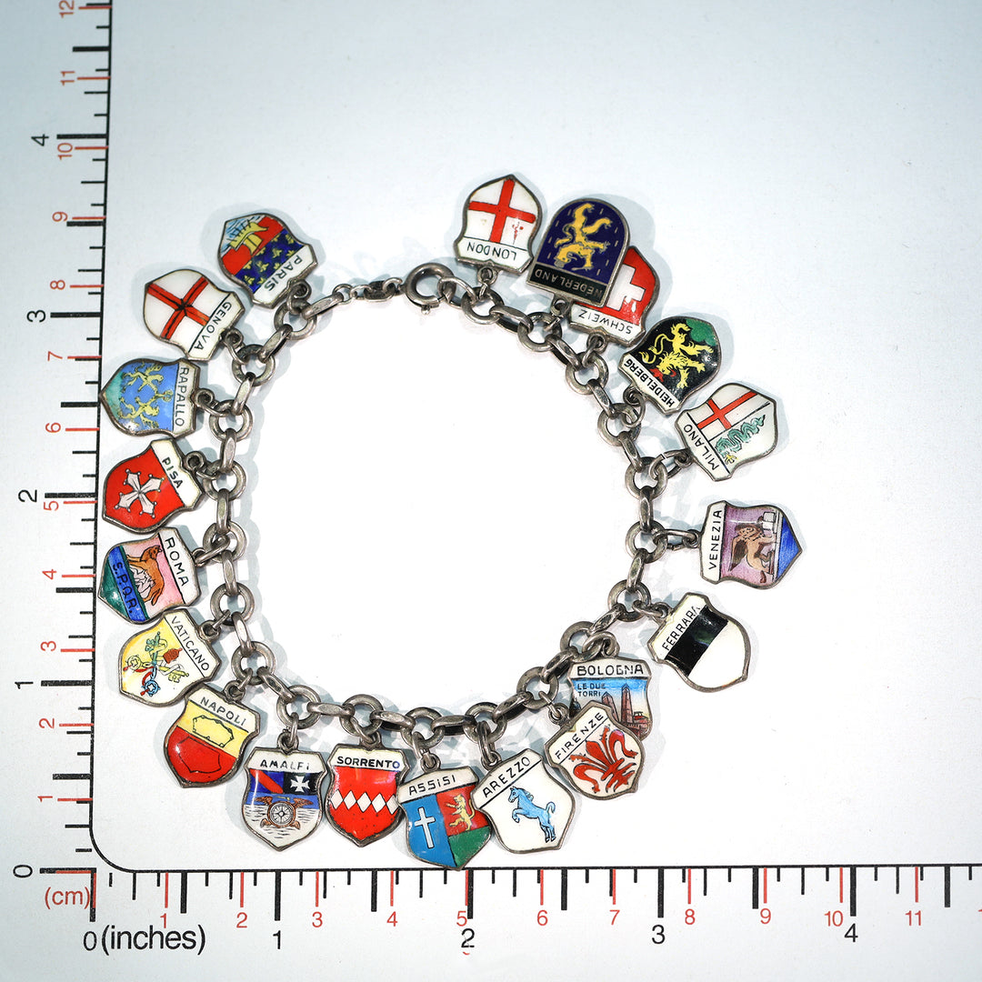Vintage Silver European Cities Charm Bracelet Enamel Plaques