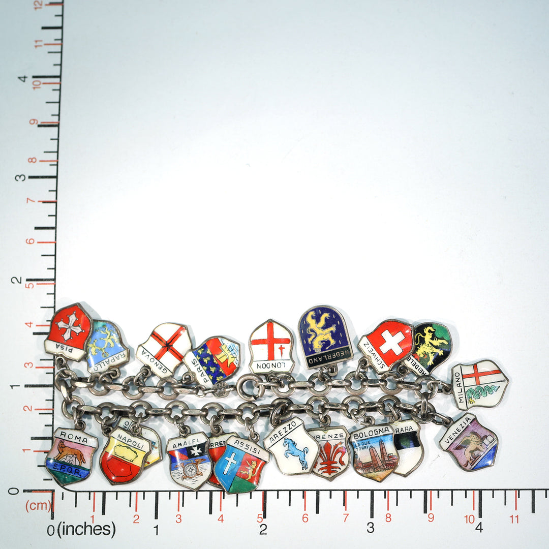 Vintage Silver European Cities Charm Bracelet Enamel Plaques