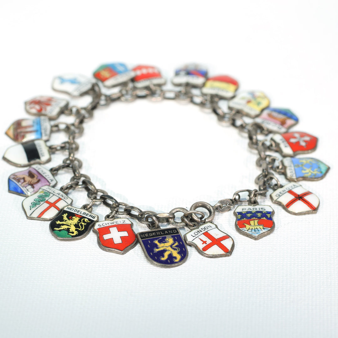 Vintage Silver European Cities Charm Bracelet Enamel Plaques