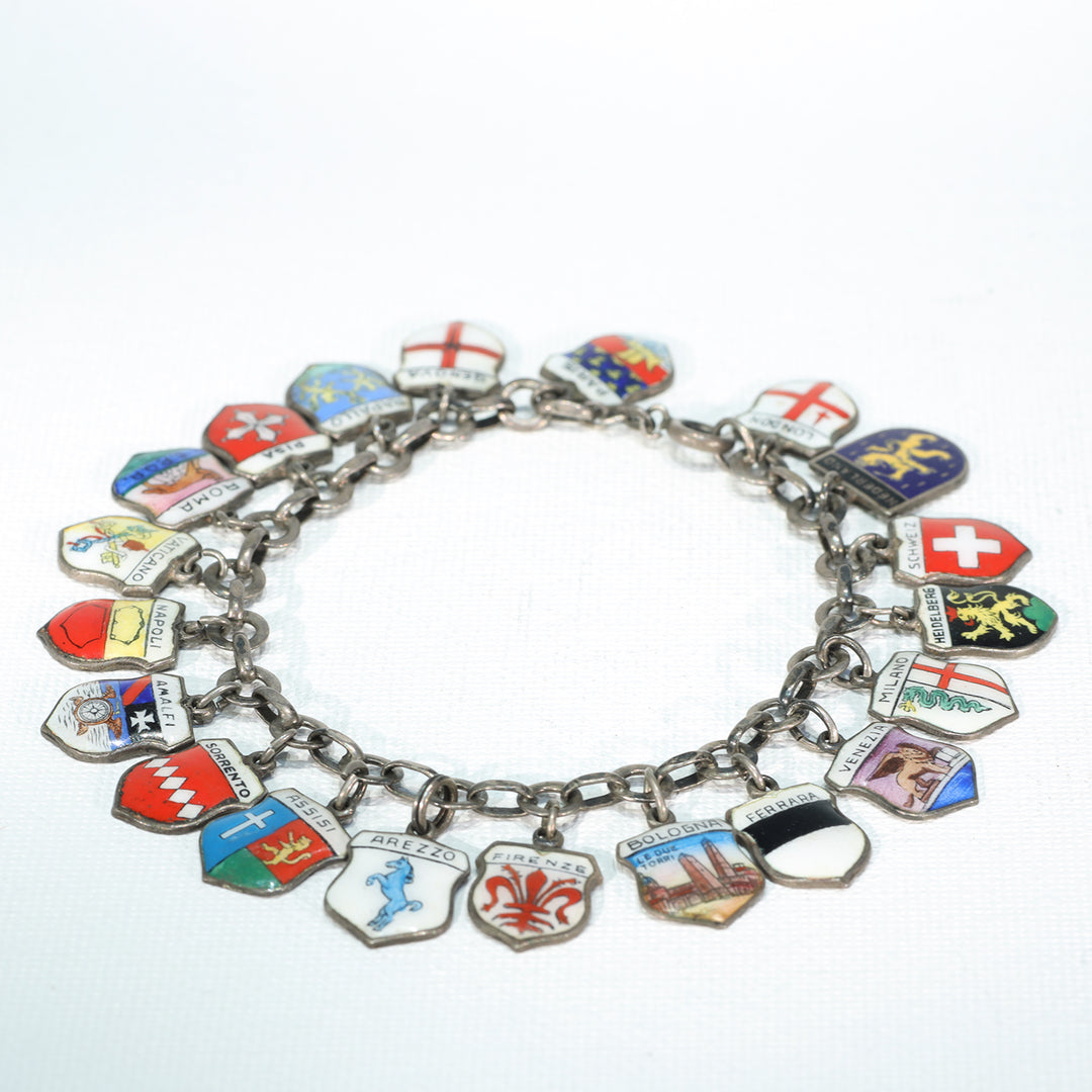 Vintage Silver European Cities Charm Bracelet Enamel Plaques