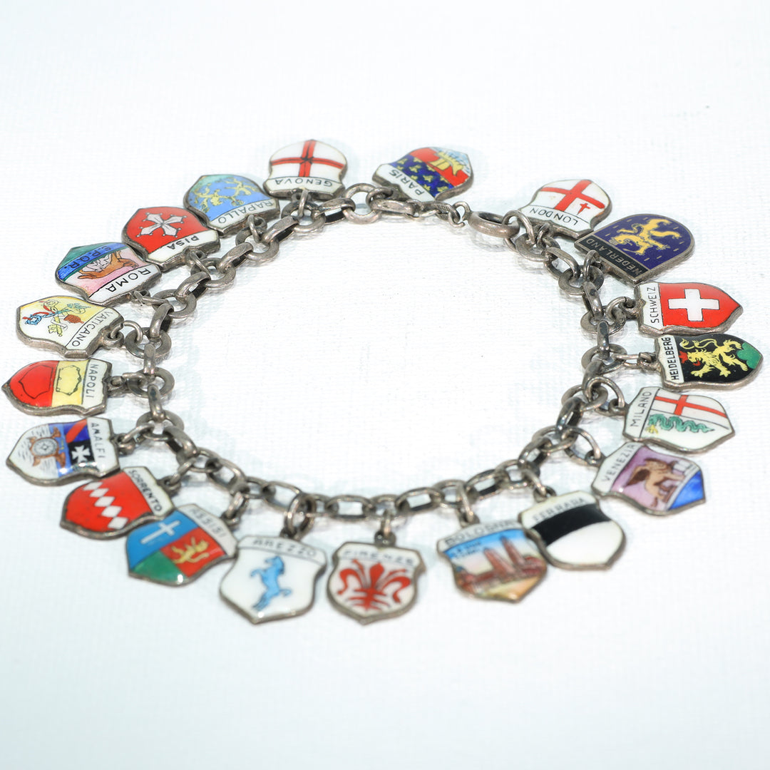 Vintage Silver European Cities Charm Bracelet Enamel Plaques