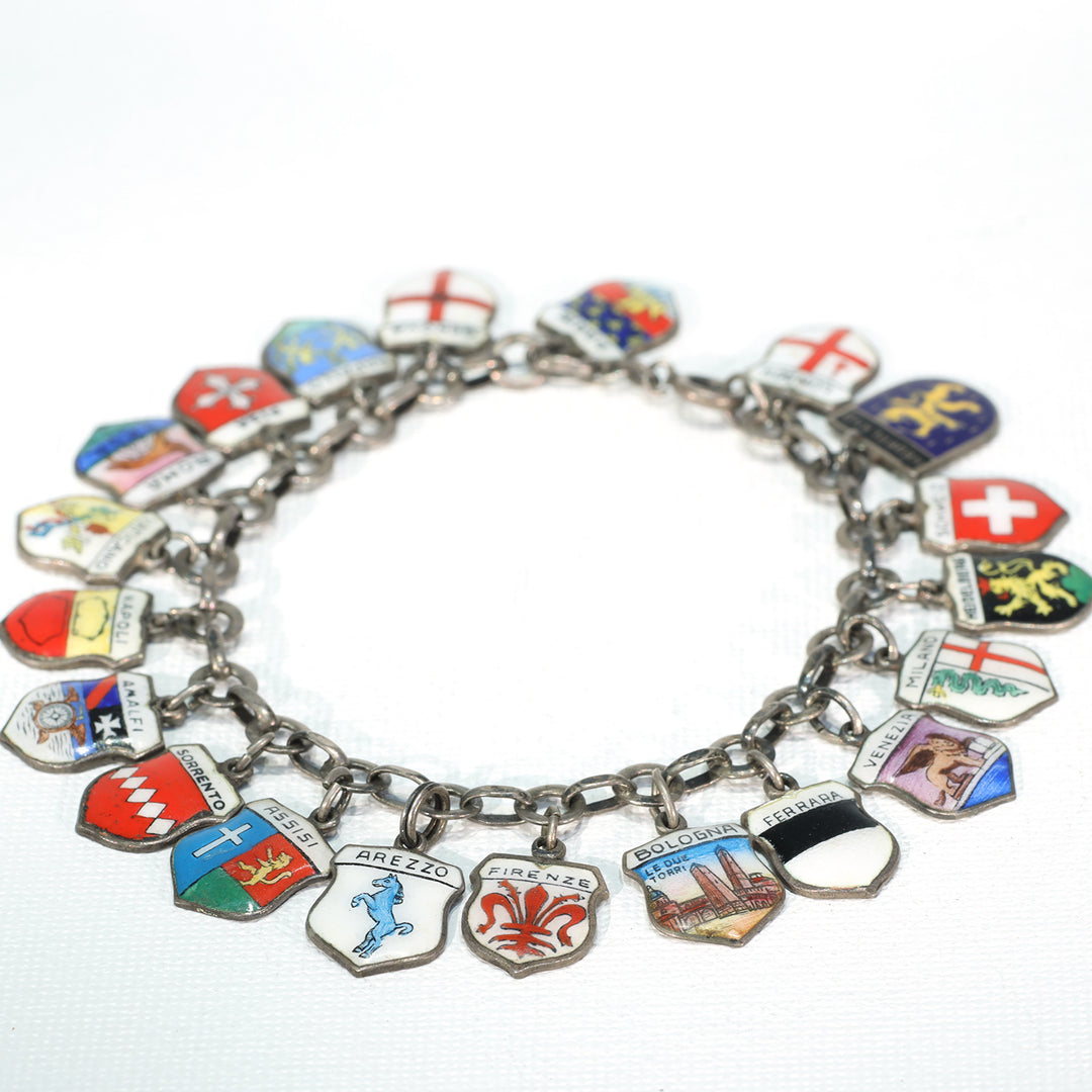 Vintage Silver European Cities Charm Bracelet Enamel Plaques