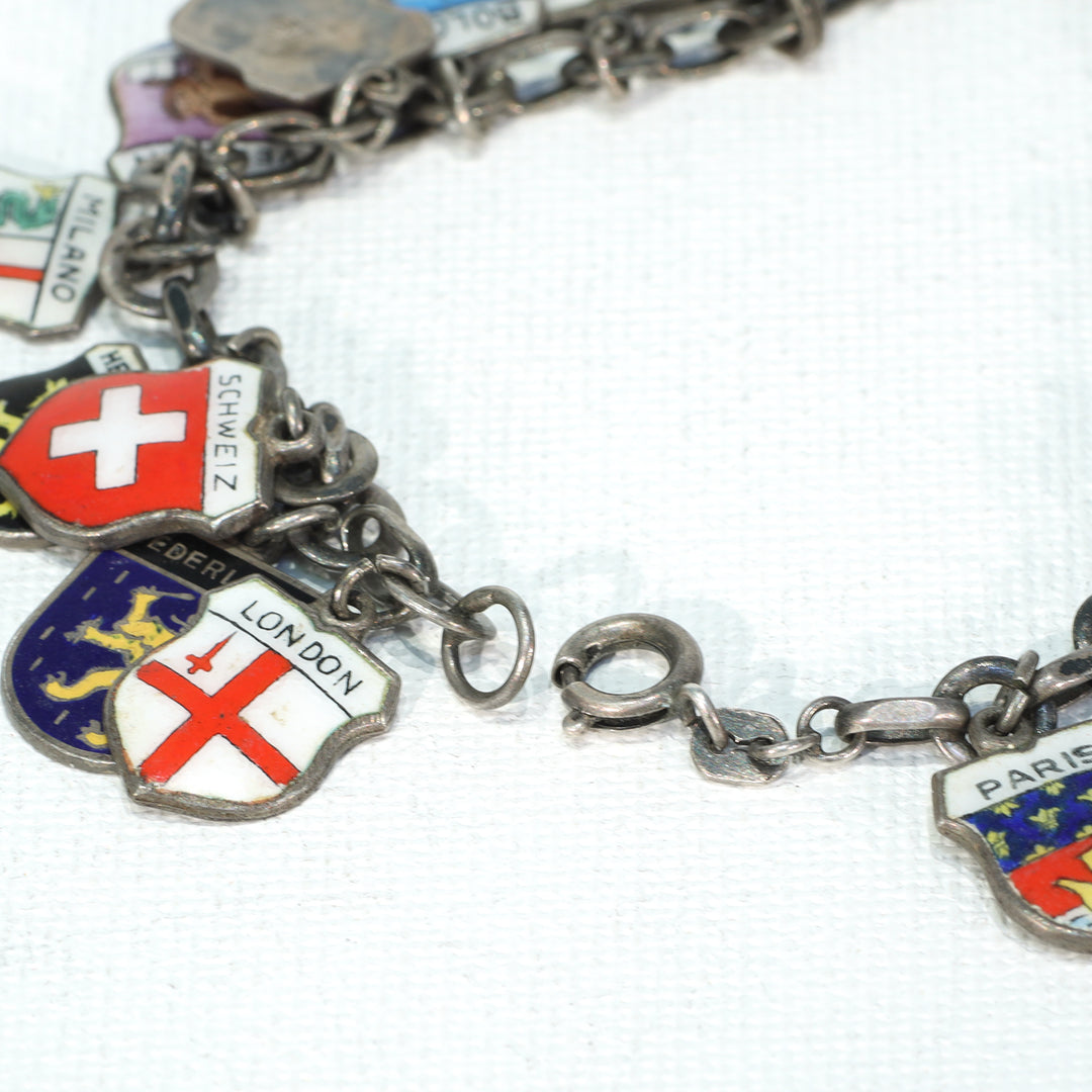 Vintage Silver European Cities Charm Bracelet Enamel Plaques