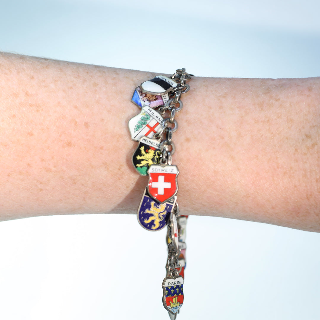 Vintage Silver European Cities Charm Bracelet Enamel Plaques