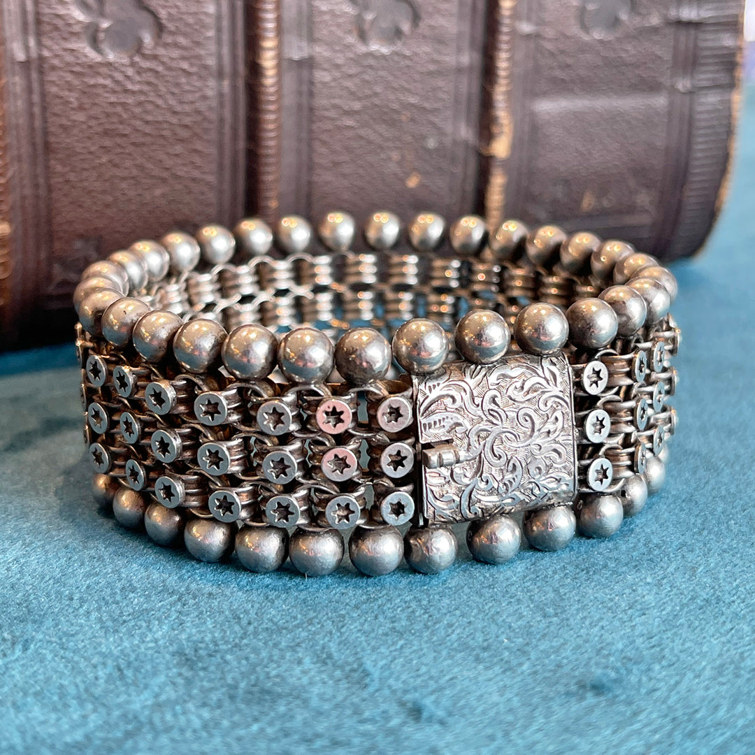 Chunky Antique Victorian Sterling Silver Bracelet 7.5"