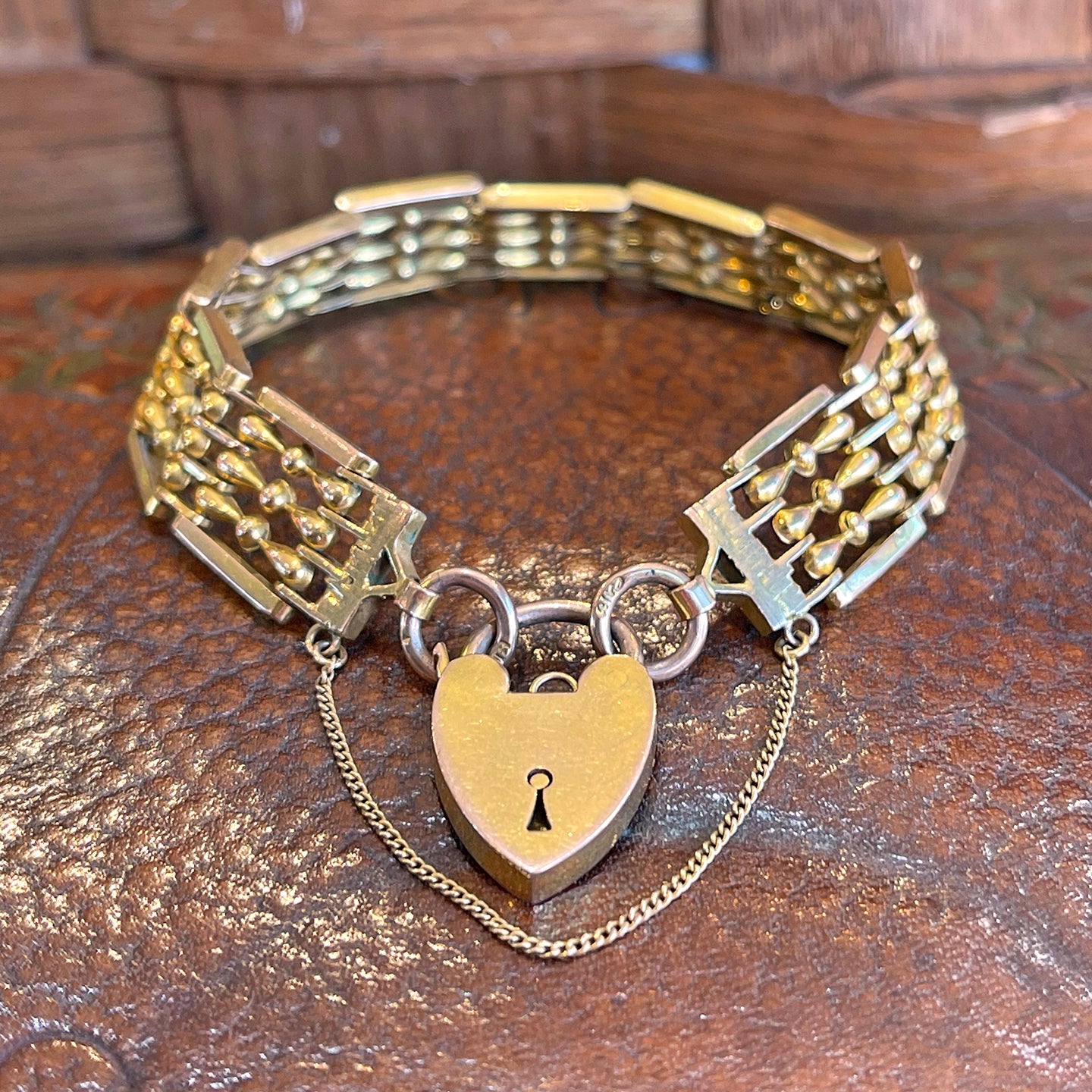 Antique Victorian 9k Gold Gate Bracelet with Heart Lock